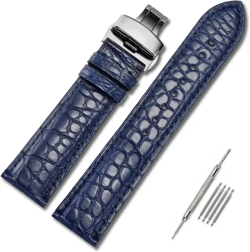 Vista 27 de Moran - Correa de cuero genuino con estampado de cocodrilo y cuero vacuno, hebilla de despliegue de repuesto, correa de reloj de 18 mm a 24 mm