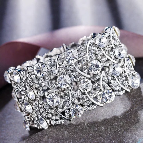 Vista 4 de BriLove Pulsera elástica de tenis con racimo de cristal nupcial para boda para mujer