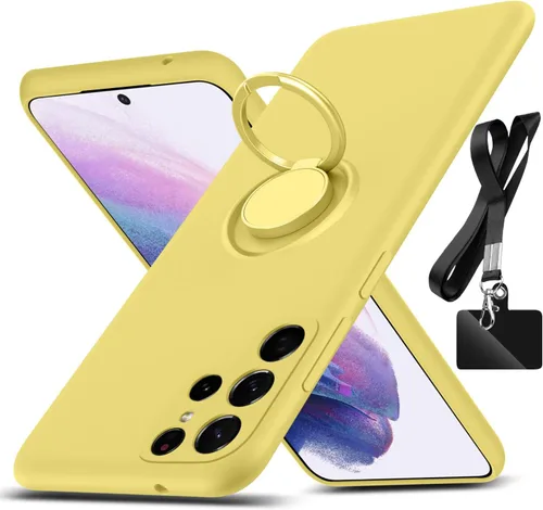 Vista 7 de Funda para Galaxy S22 Ultra, con soporte de anillo giratorio de 360° y cordón de correa de silicona líquida delgada funda protectora para Galaxy S22
