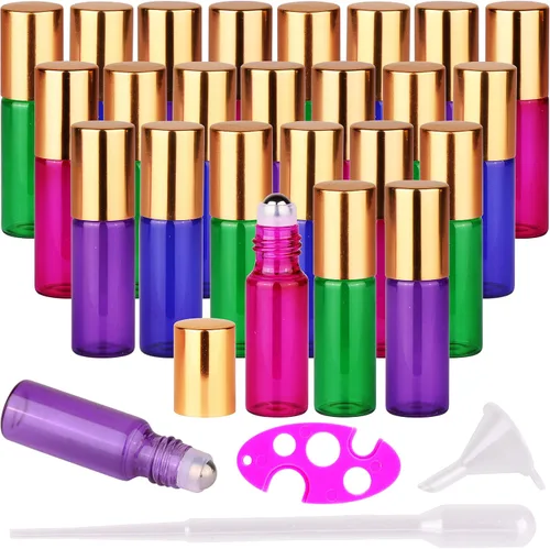 Vista 7 de MaxMau Paquete de 24 Botellas de Vidrio Ámbar de 5ml para Aceites Esenciales, Botella Roll-on con Bolas Rodantes de Acero Inoxidable, Tapas Pintadas