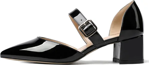 Vista 2 de MODENCOCO Zapatos de tacón bajo grueso con hebilla de bloque y correa ajustable para mujer, puntera puntiaguda, de 2 pulgadas