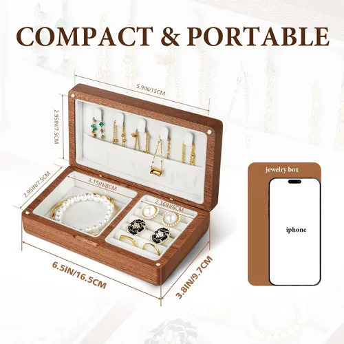 Vista 2 de LadyRosian Joyero pequeño de madera Mini joyero de viaje de madera, organizador portátil para anillos, aretes, collares y pulseras, almacenamiento