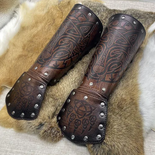 Vista 6 de Guantelete de Fenrir vikingo medieval, armadura medieval de cuero sintético, armadura de caballero, disfraz de Halloween LARP