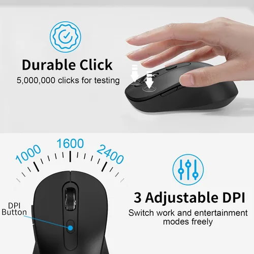 Vista 5 de Mouse inalámbrico para laptop, PC, Chromebook, Mac, MacBook, mouse inalámbrico silencioso con receptor USB nano, botón lateral, 2400 DPI, rodillo