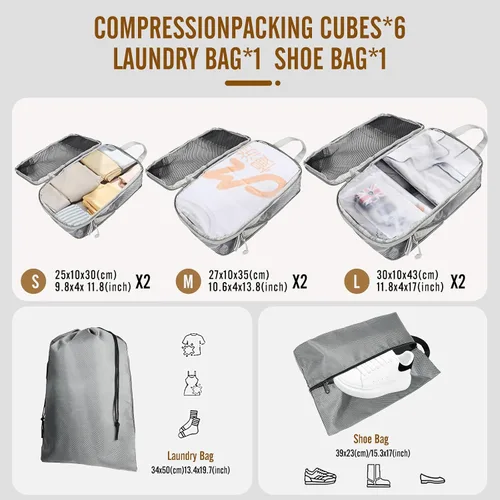Vista 2 de Juego de 8 cubos de compresión para viajes, organizador de equipaje expandible con bolsa para zapatos y bolsa de lavandería, maleta ligera y mochila