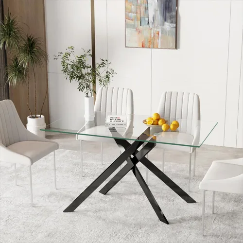 Vista 14 de Mesa de Comedor Moderna de Vidrio Templado Mesa de Cena, Mesa de Cocina Rectangular con Patas de Metal Resistentes, Diseño Minimalista