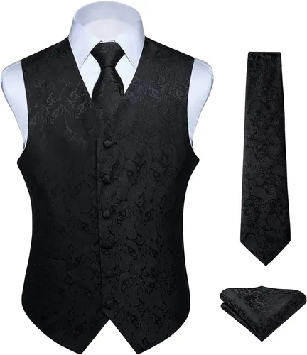 Vista 12 de HISDERN Conjunto de 3 piezas de chaleco formal para hombre, chaleco formal de cachemira floral jacquard corbata bolsillo cuadrado chalecos