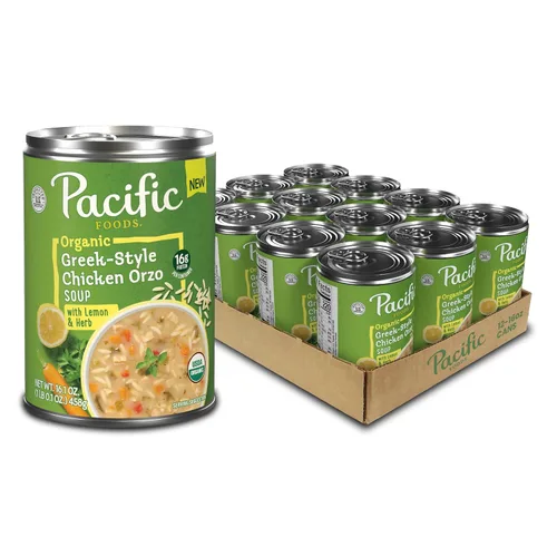 Vista 12 de Pacific Foods Caldo de pollo orgánico estilo griego con orzo, limón y hierba, lata de 16.1 oz