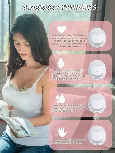 Vista 2 de Extractor de leche portátil manos libres, 4 modos y 12 niveles, función de memoria, recargable con brida de 4 tamaños y recolector de leche materna