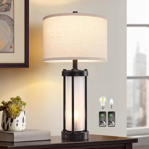Vista 2 de Lámparas de mesa modernas para sala de estar, lámparas industriales de mesita con 2 puertos USB, lámpara rústica de mesita con luz nocturna