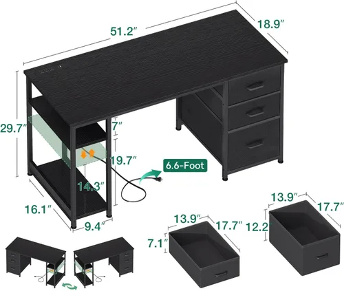 Vista 3 de AODK Escritorio para computadora de 51 pulgadas con cajones de tela y tomas de corriente USB, escritorio reversible para oficina en casa