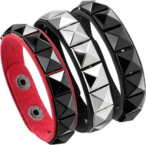 Vista 9 de Eigso Juego de 4 pulseras de cuero punk, con tachuelas de roca para hombres y mujeres, estilo retro, clásico, con pinchos, de metal, para hombre