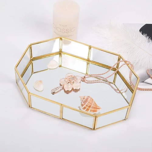 Vista 5 de Makeup Jewelry Organizer Mirrored Glass Tray, Small Size 8.1x5.6x1.7 Inch, Golden Brass Edging - Durable Material, Stylish Storage, Perfect for