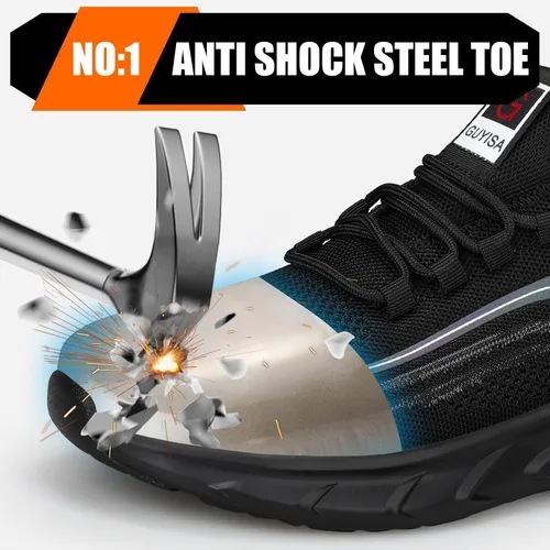 Vista 2 de GLANOUDUN Zapatos de punta de acero para hombre, ligeros, con amortiguación de aire, zapatos de trabajo de seguridad indestructibles, zapatos