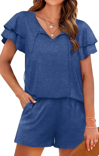 Vista 2 de WIHOLL Conjuntos de verano para mujer, 2 piezas, manga corta, cuello en V, conjuntos casuales