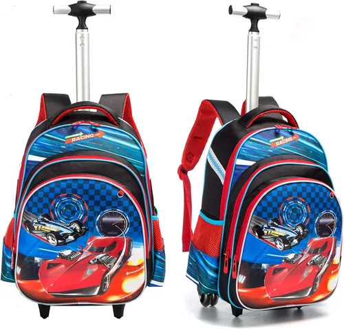 Vista 3 de Mochila con ruedas para niños y niños, maleta de viaje para estudiantes de primaria, mochila para niños, Coche rojo, Portátil