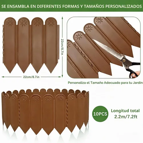 Vista 2 de EEOCWF 10 bordes de jardín marrones, bordes de plástico de 8.66 pulgadas de alto, vallas de jardín decorativas entrelazadas de 7.2 pies, borde