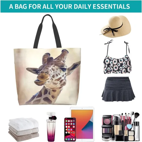 Vista 8 de Bolso de hombro para mujer, divertido bolso de viaje con cara de jirafa, bolsa de almacenamiento reutilizable con asa