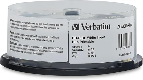 Vista 7 de Verbatim BD-R 25GB 16X Blu-ray Disco multimedia grabable DataLifePlus Hub de inyección de tinta blanca imprimible - 50pk Husillo - 97339