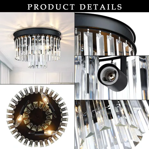 Vista 5 de MEXO Lámpara de techo de cristal empotrada con acabado negro, lámpara de cristal de 2 niveles para sala de estar, dormitorio, comedor, pasillo