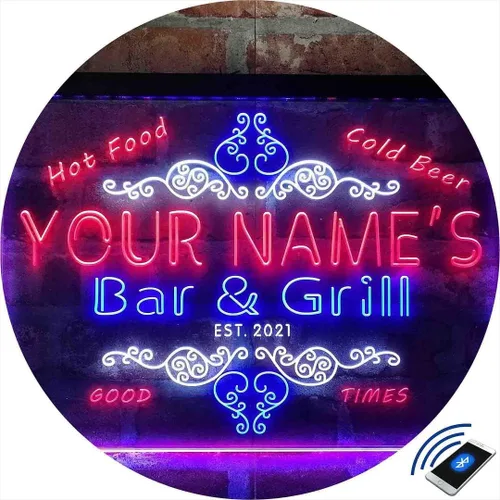 Vista 3 de Letrero de luz de neón LED tricolor personalizado para bar y parrilla, nombre personalizado, fecha, texto, cita, fuente blanco, azul y rojo, 17.7 x