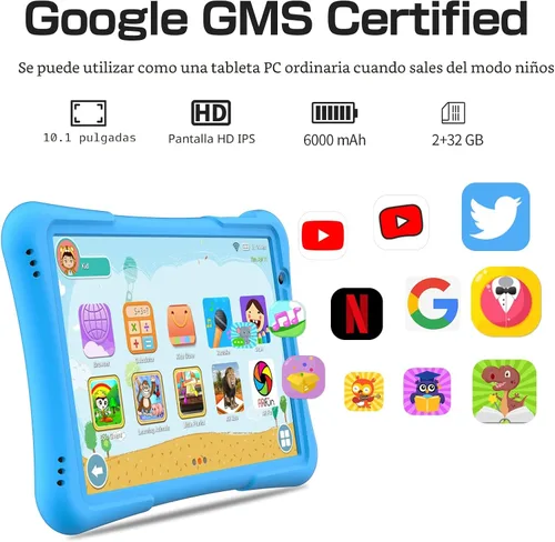 Vista 3 de PRITOM Tableta para niños de 10 pulgadas Android 14, 32GB, Quad-Core, 6000mAh, pantalla IPS HD grande, WiFi 6, cámara dual, Bluetooth, Tableta