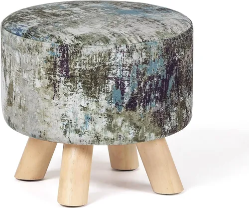 Vista 10 de Homebeez Taburete otomano redondo con reposapiés, reposapiés de tela pequeño con patas de madera antideslizantes, color azul
