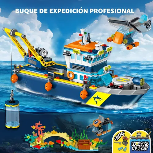 Vista 4 de HiWEEGO City Floatable Boat Building Set with LED Light - Ocean Arctic Explorer Ship Building Block Kit with Helicopter, Sub Exploration Toy