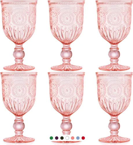 Vista 2 de Paquete de cristalería rosa, colección de cristalería vintage para fiesta, juego de copas de vino rosadas y 6 vasos altos rosados, vasos rosados a
