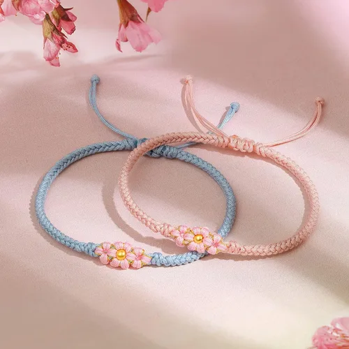 Vista 2 de 24K Gold Bracelet for Women Flower Charm Bracelets Adjustable Chain Dainty Braided Link Lucky Beads Stackable Rope Bangle Trendy Colorful Cuff Cute