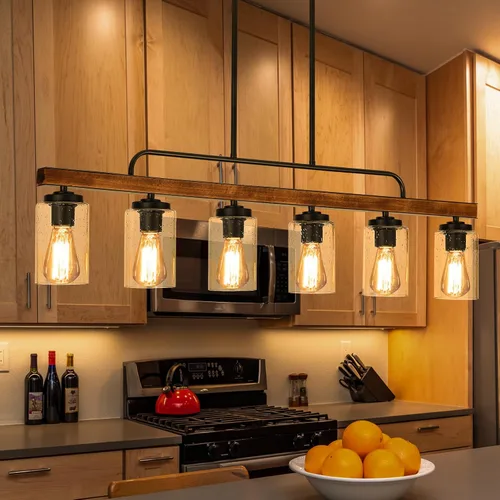Vista 8 de Lámpara de Comedor Estilo Granja Sobre Mesa, Iluminación de Isla de Cocina de Madera Negra de 4 Luces con Vidrio Blanco Leche, Luces Colgantes
