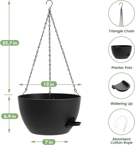 Vista 2 de Paquete de 2 12 macetas colgantes con cadenas, macetas de plástico de riego automático para plantas de interior y exterior, diseño de cadena