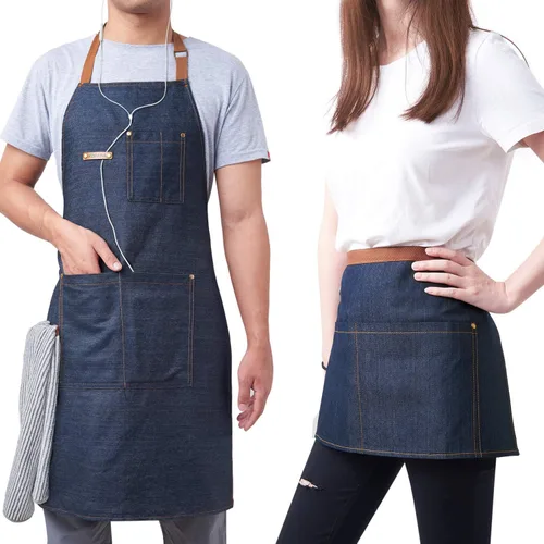 Vista 6 de KPD Delantal de mezclilla con bolsillos, ajustable azul para cocina, barbacoa y jardín, delantal de trabajo para hombres y mujeres