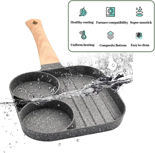 Vista 7 de JUSTUP Sartén antiadherente para huevos, mini sartén antiadherente 3 en 1, sartén dividida, mango resistente al calor, sartén de 3 secciones, mini