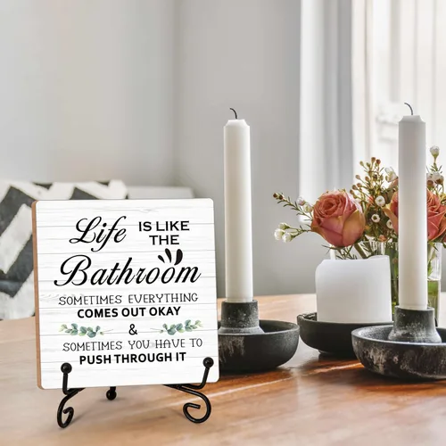 Vista 3 de Letrero de madera para decoración de baño, bloque de madera con texto en inglés "Life Is Like The Bath", de 5 x 5 pulgadas, viene con soporte