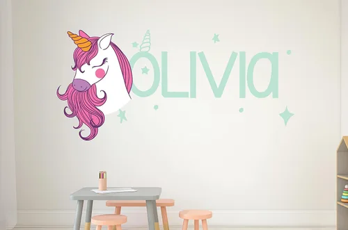 Vista 6 de Calcomanías de pared personalizadas de unicornio para dormitorio de niñas, calcomanías de pared con nombre personalizado de unicornio, decoración