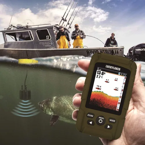 Vista 4 de LUCKY Buscador de peces inalámbrico de mano para barco, transductor con cable, sensor sonar, impermeable, portátil, buscadores de profundidad