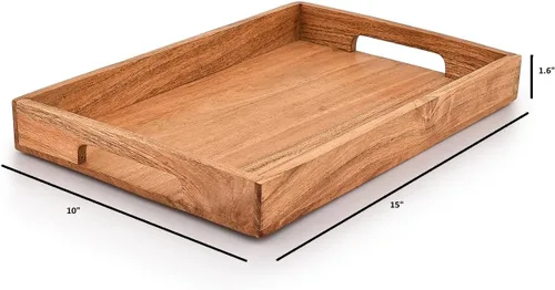 Vista 5 de Bandeja de madera de acacia con asas, bandeja de madera, bandeja de aperitivos, bandeja de desayuno, ideal para desayuno, mesas de café, hogares
