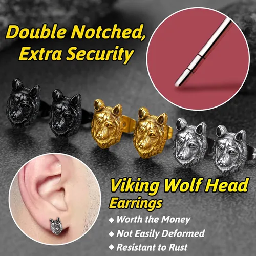 Vista 4 de FaithHeart Norse Vikingo Jewelry - Aretes de tuerca de plata de ley de acero inoxidable, lobo celtamartillo de Thors para mujeres y hombres, Acero