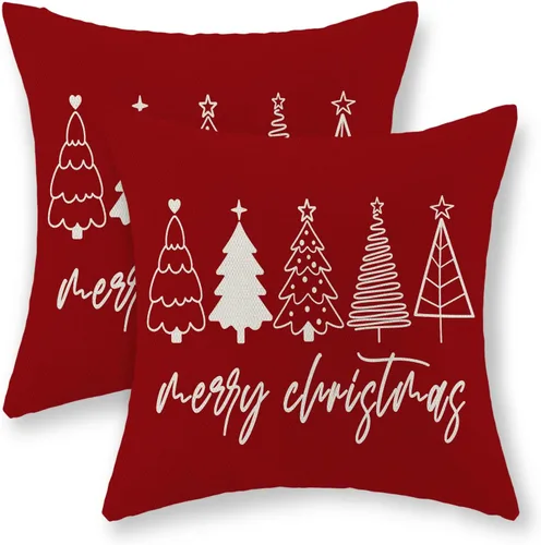 Vista 34 de Juego de 2 fundas de almohada navideñas de 16 x 16 pulgadas, fundas de almohada de lino color rojo con diseño de alces y ciervos de invierno