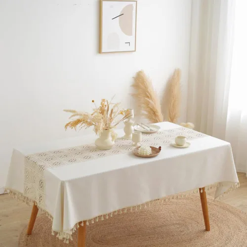 Vista 7 de AMZALI Mantel de lino de algodón, decoración de mesa de cocina y comedor, mantel de ganchillo texturizado para uso en exteriores e interiores, 55 x