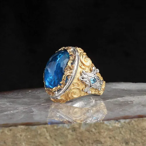 Vista 2 de Anillo chapado en oro para hombre, plata de ley 925, topacio azul, piedras preciosas para hombres, anillos de joyería masculina, anillos