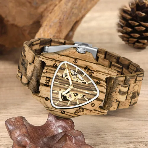 Vista 3 de Dentily Reloj de madera para hombre, triángulo, esqueleto automático, reloj mecánico de madera para hombre