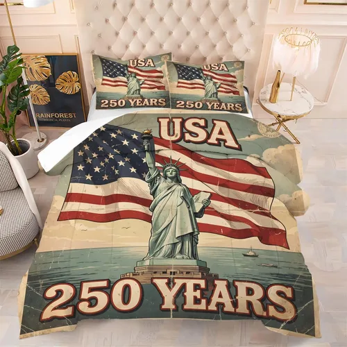 Vista 2 de kxry Juego de edredón de 250 años de Estados Unidos, tamaño individual, ropa de cama vintage de estatua de la libertad y bandera estadounidense