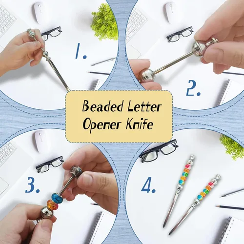 Vista 3 de 5 abrecartas con cuentas, sobre de acero inoxidable con 30 cuentas surtidas de agujeros grandes para manualidades, suministros de oficina, regalo
