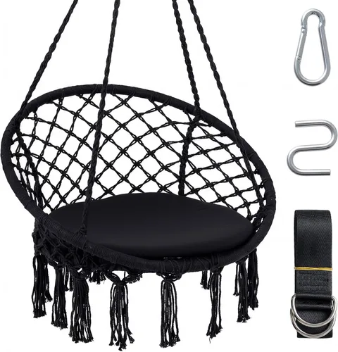 Vista 18 de Happygrill Silla de columpio, hamaca de macramé con cojín de asiento redondo, cuerdas de algodón de poliéster resistentes y anillos de metal Beige
