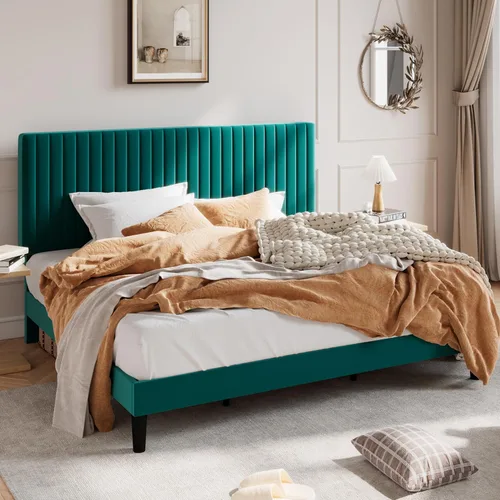 Vista 19 de SHA CERLIN Base de cama de plataforma tapizada completa con cabecera ajustable, tela de terciopelo capitoné de canal vertical, soporte de listones