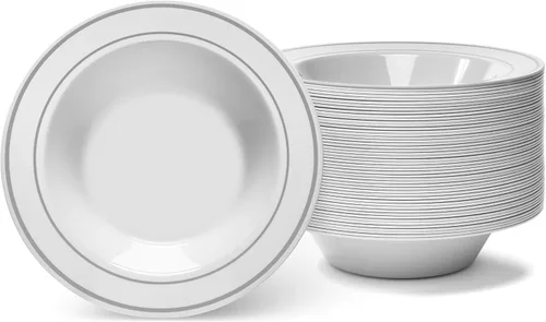 Vista 8 de Oasis Creations Cuencos de marfil con borde dorado, 5 onzas, 50 unidades, plástico duro, desechables o reutilizables, para postres, ensaladas