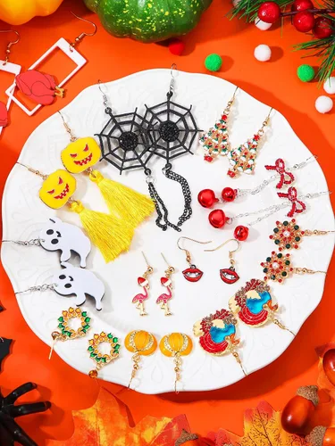 Vista 5 de Juego de 20 pares de aretes colgantes de Halloween, otoño, Acción de Gracias, diseño de calabaza, esqueleto, Navidad, para mujeres y niñas