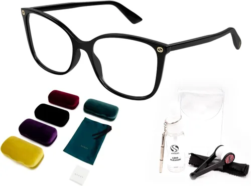 Vista 2 de Gucci GG0026O - Lentes de forma cuadrada + paquete con kit de gafas de lujo eSHADES, Negro Negro